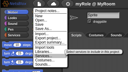 Services item in the NetsBlox editor file menu